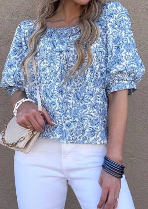 Caren Floral Square Neck Puff Sleeve Pleated Blue Blouse