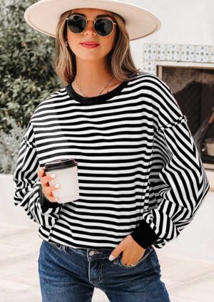 Dana Striped Casual Pullover Black Top