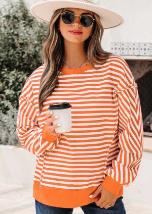 Dana Striped Casual Pullover Orange Top
