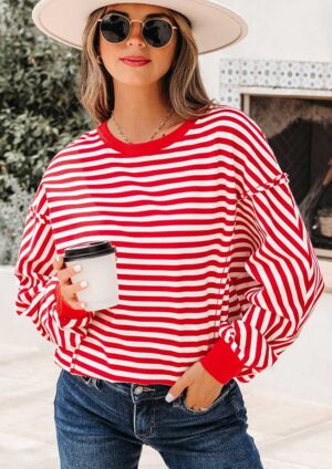 Dana Striped Casual Pullover Red Top