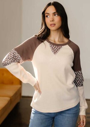 Falset Floral Colour Block Long Sleeve Brown Top
