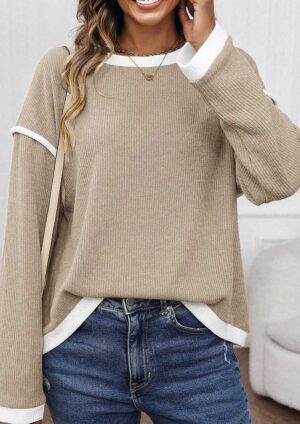 Godfrey Contrast Trim Knit Long Sleeve Beige Top