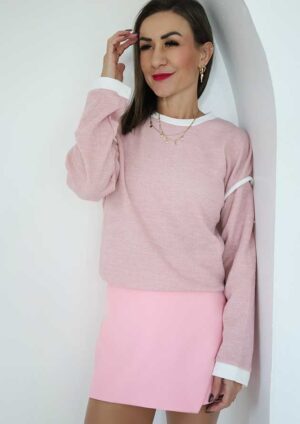 Godfrey Contrast Trim Knit Long Sleeve Pink Top