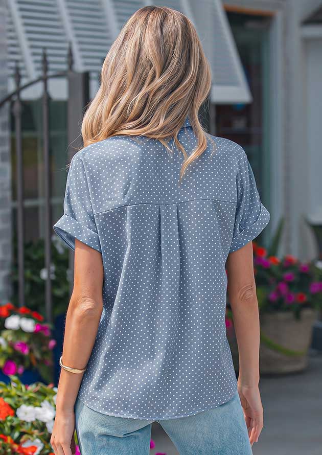 Helena Dotted Cuffed Short Sleeve Blue Blouse - Image 4