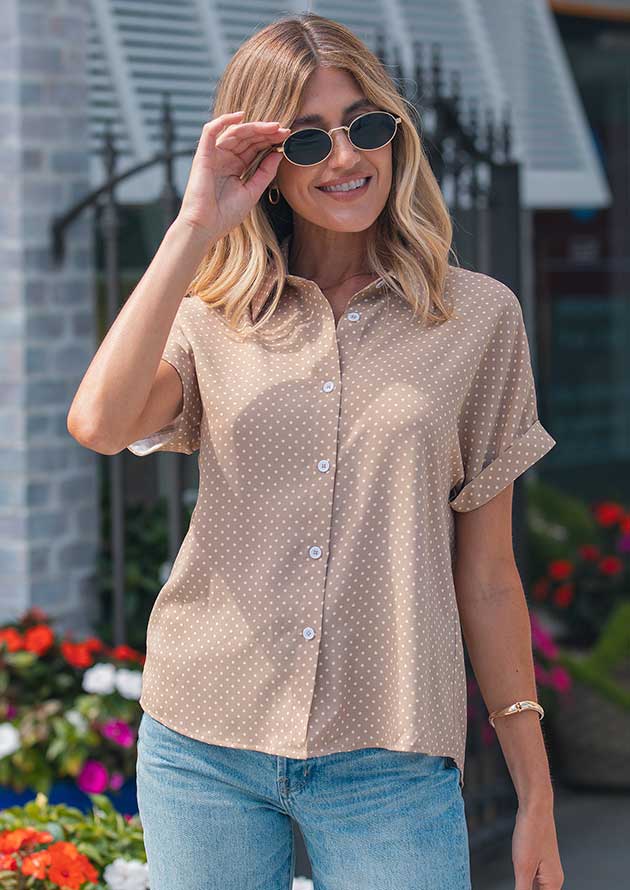 Helena Dotted Cuffed Short Sleeve Khaki Blouse - Image 5