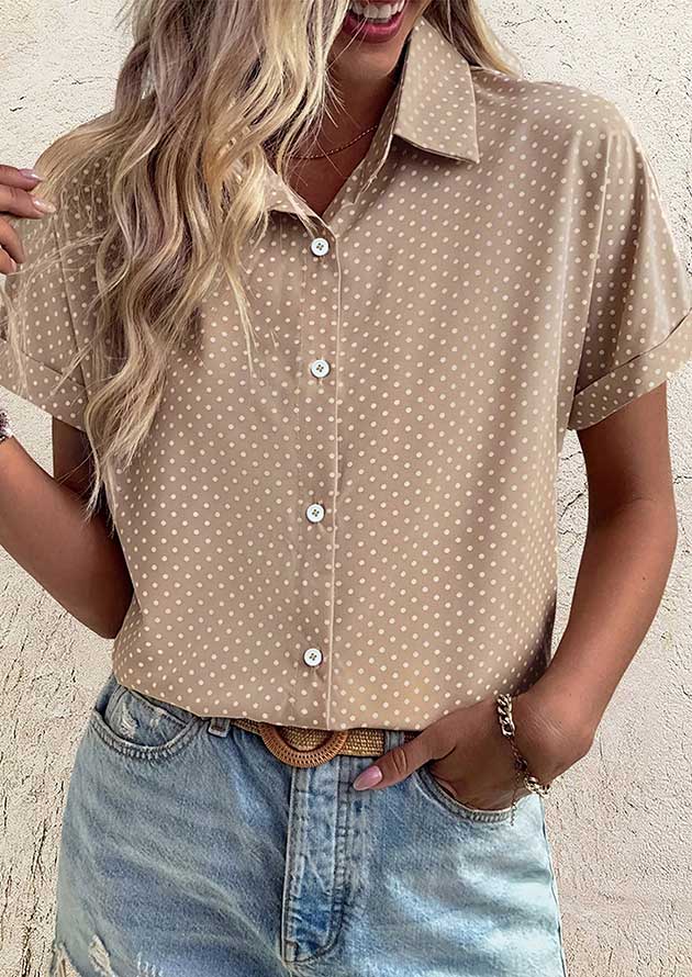 Helena Dotted Cuffed Short Sleeve Khaki Blouse