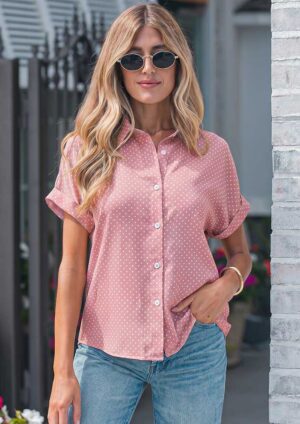 Helena Dotted Cuffed Short Sleeve Pink Blouse