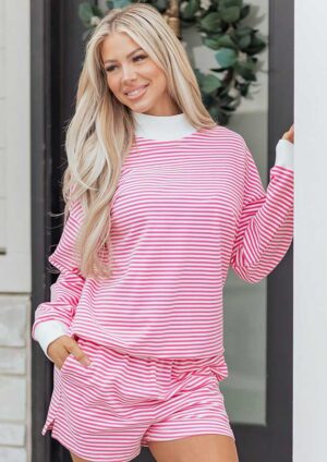 Hutton Stripe Oversize Mock Neck Sweatshirt Dark Pink Co-Ord