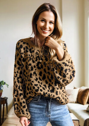 Loral Leopard Ribbed Drop Shoulder Sweater