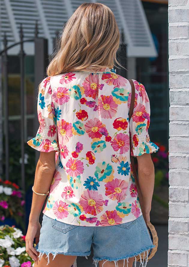 Marajo Vibrant Floral Tie Neck Puff Sleeve Beige Blouse - Image 3