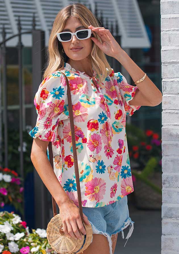 Marajo Vibrant Floral Tie Neck Puff Sleeve Beige Blouse - Image 2