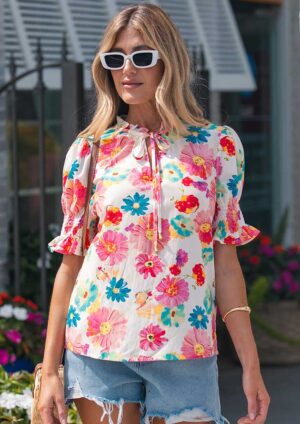 Marajo Vibrant Floral Tie Neck Puff Sleeve Beige Blouse