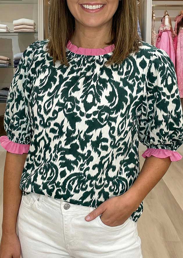 Damask Ruffled Pink Mid Sleeve Blouse