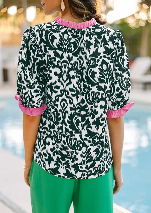 Damask Ruffled Pink Mid Sleeve Blouse - Image 2