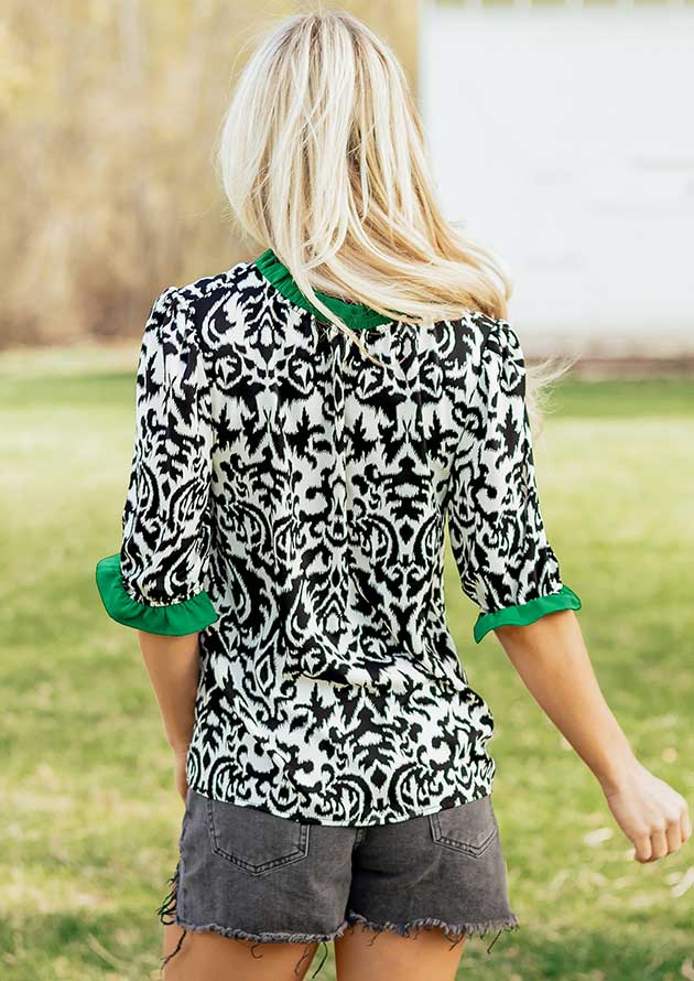 Damask Ruffled Green Mid Sleeve Blouse - Image 2