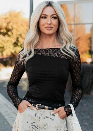 My Lady Assymmetric Sheer Floral Lace Long Sleeve Top
