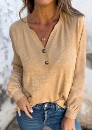 Pricilla Button V Neck Long Sleeve Beige Top