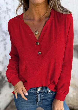 Pricilla Button V Neck Long Sleeve Red Top