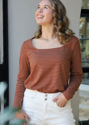 Simoney Stripe Square Neck Long Sleeve Brown Top