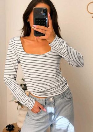 Simoney Stripe Square Neck Long Sleeve White Top