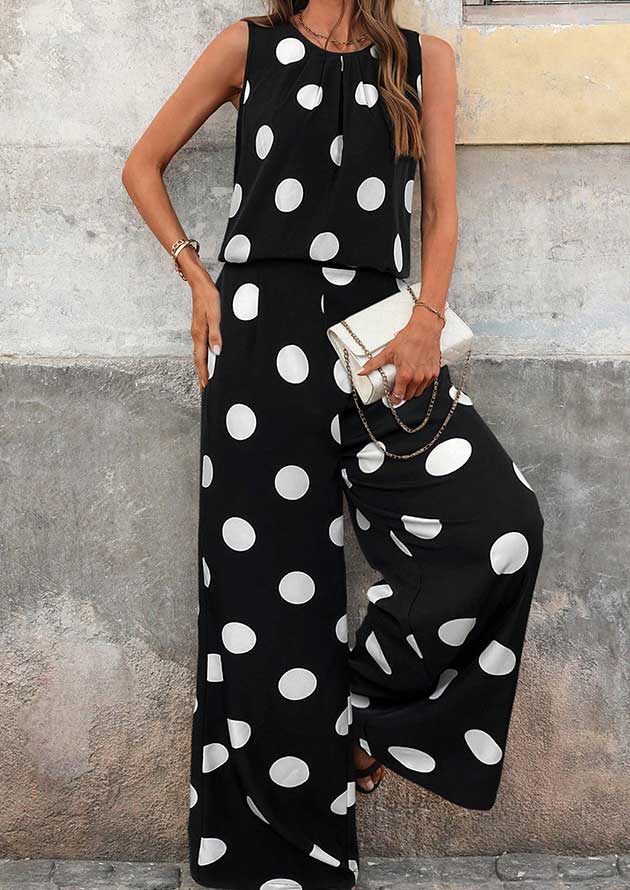 Zante Polka Pleated Round Neck Wide Leg Black Co-Ord Set - Image 2