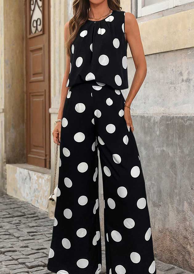 Zante Polka Pleated Round Neck Wide Leg Black Co-Ord Set