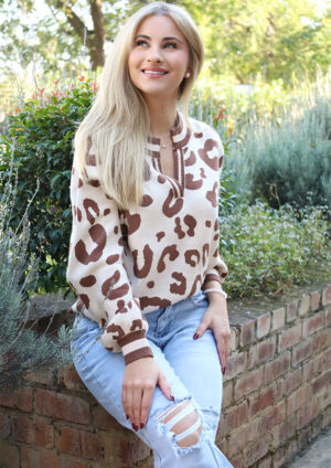 Adrienne French V Neck Knitted Leopard Sweater
