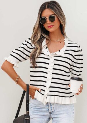Amsterdam Stripe Ruffle Knit Short Sleeve White Cardigan