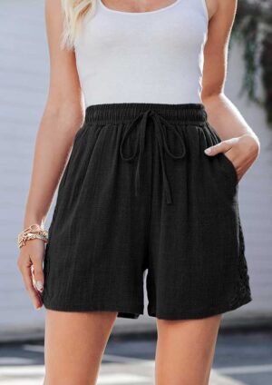 Choir Lace Splicing Drawstring Loose Linen Black Shorts