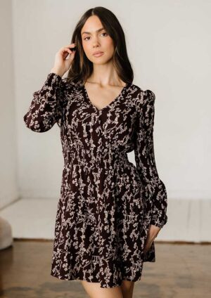 Cottage Floral Split Neck Long Sleeve Brown Short Dress