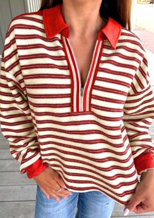 Dorit Zip V Neck Long Sleeve Red Top