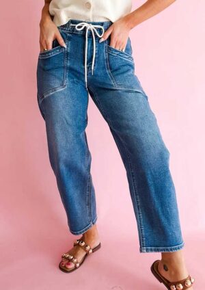 Dreamgirl Pocket Drawstring Dark Blue Barrel Jeans