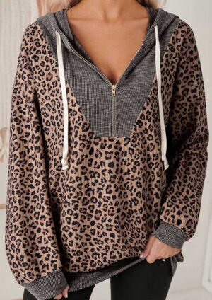 Espresso Ribbed Zip Hooded Leopard Sweatshirt