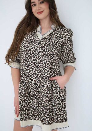Fairview Striped Trim V Neck Bracelet Sleeve Leopard Short Dress