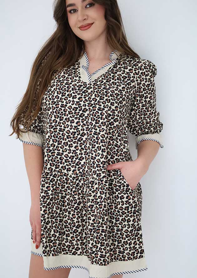 Fairview Striped Trim V Neck Bracelet Sleeve Leopard Short Dress