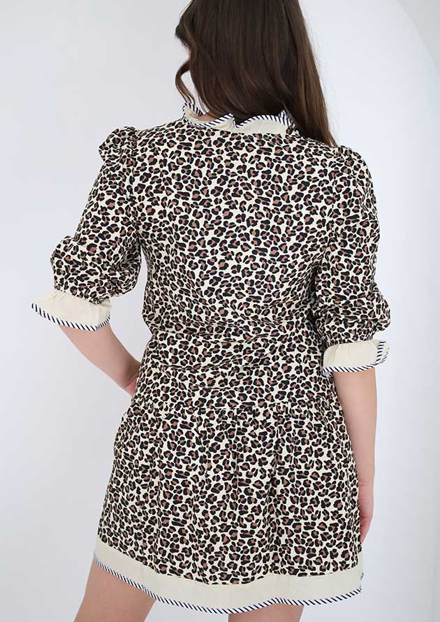 Fairview Striped Trim V Neck Bracelet Sleeve Leopard Short Dress - Image 2