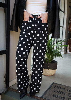Grazier Polka Dot Pocket Mid Rise Straight Leg Black Pants