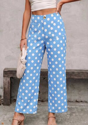 Grazier Polka Dot Pocket Mid Rise Straight Leg Blue Pants