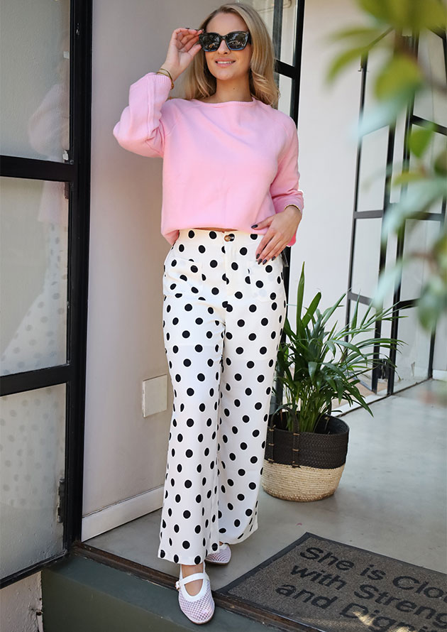 Grazier Polka Dot Pocket Mid Rise Straight Leg White Pants - Image 5
