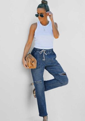 Keylargo Gather Round Distress Pocket Blue Denim Jogger