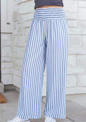 Lindsay Stripe Shirred High Waist Blue Pants