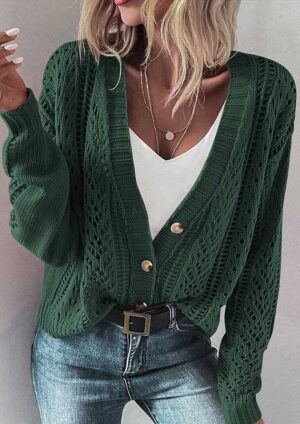 Lacy Open Knit Drop Shoulder Green Cardigan