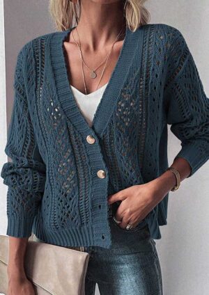 Lacy Open Knit Drop Shoulder Teal Cardigan