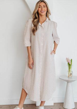 Lennon Stripe Collar Half Sleeve Khaki Maxi Dress