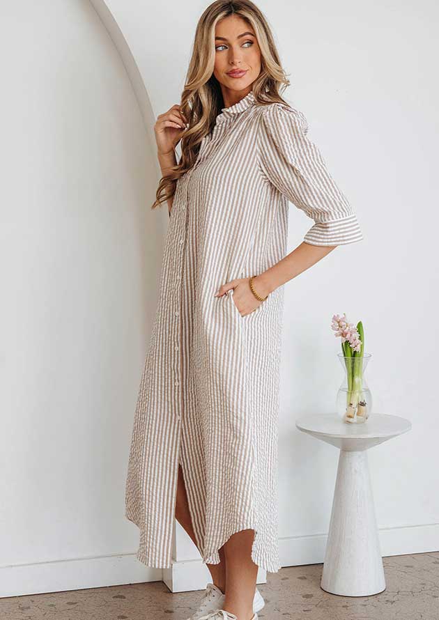 Lennon Stripe Collar Half Sleeve Khaki Maxi Dress - Image 3