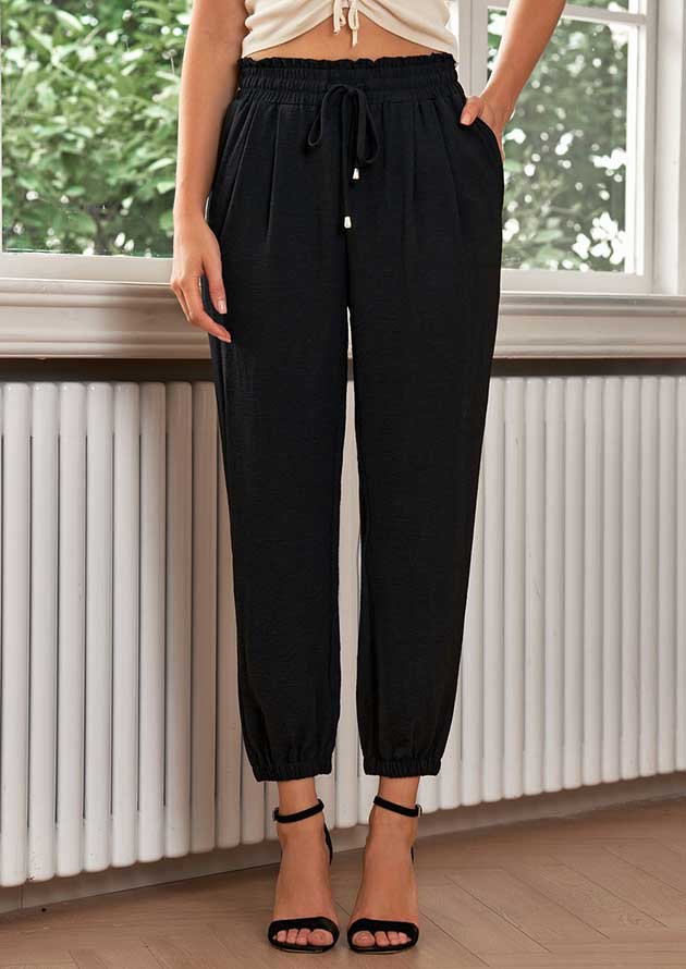 Lopez Drawstring Smocked Waist Black Joggers
