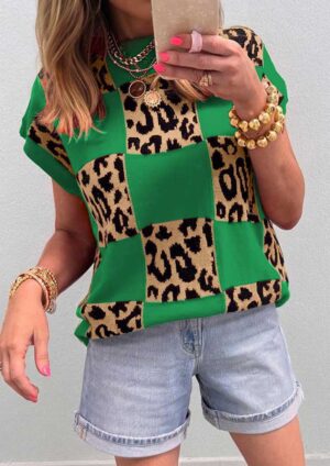 Monaco Short Sleeve Green Leopard Sweater