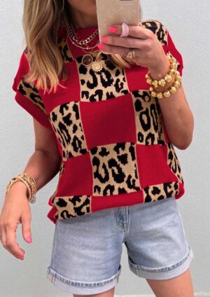 Monaco Short Sleeve Red Leopard Sweater