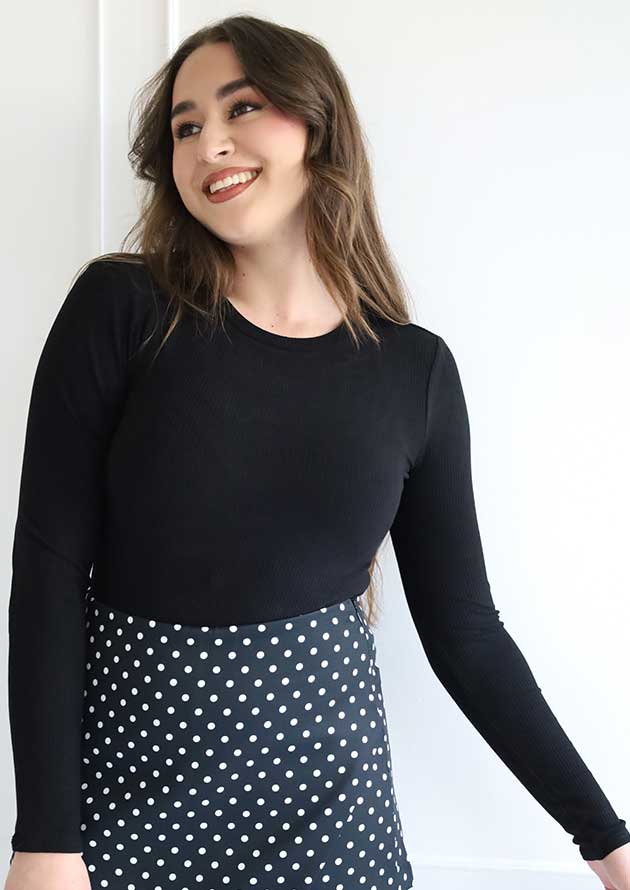 Nordic Ribbed Long Sleeve Crew Neck Black Bodysuit