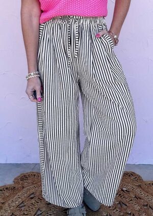 Plaza Stripe Wide Leg Black Casual Pants